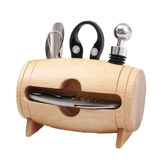 Mini barril de madera con accesorios de vino